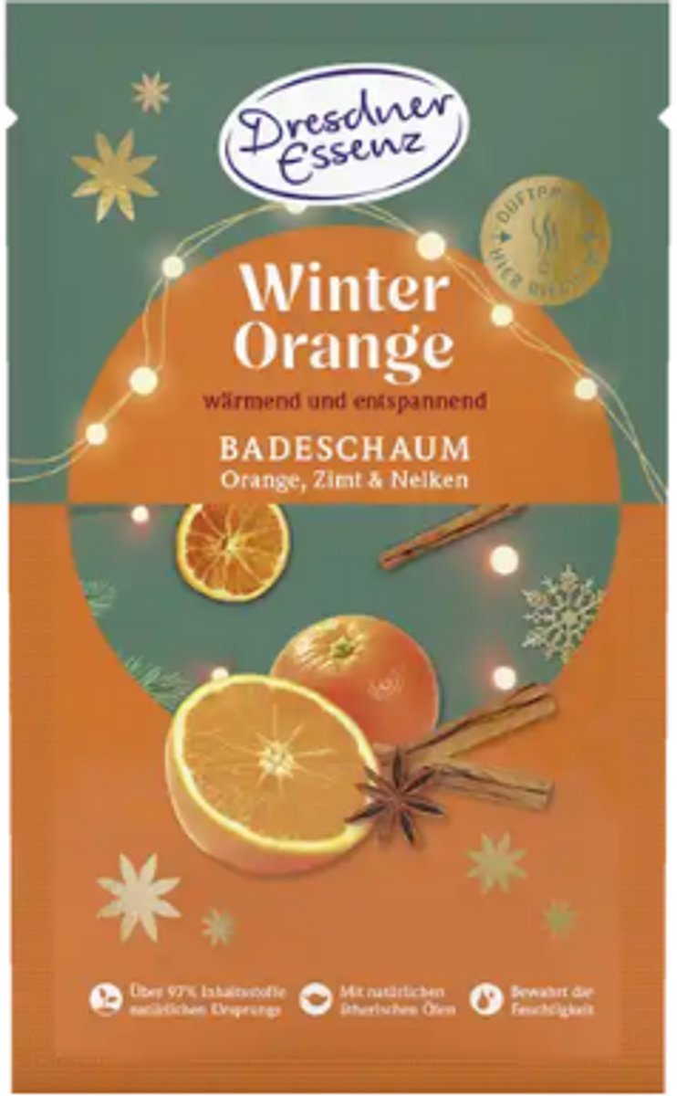 Kerst Badschuim Winter Orange | Sinaasappel, Kaneel & Steranijs | 1x 60g | Badschuim Wintergeur Dresdner Essenz - Speciaal voor de wintermaanden