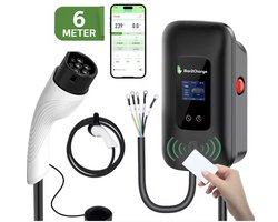 L6 Pro Laadpaal Wallbox – 22kW Type 2 – 6 meter kabel – IP65 – 32A – 8-32A instelbaar – App-functie – RFID-kaarten