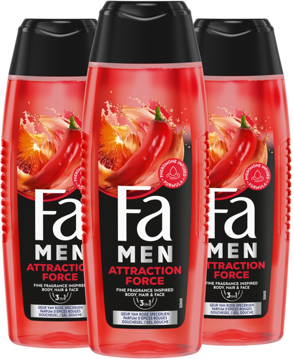 Fa Men Douchegel en Shampoo Attraction Force - 3 x 250 ml - Voordeelverpakking
