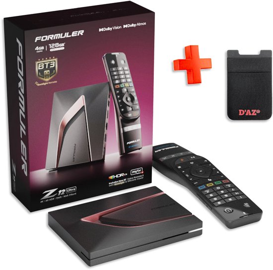 Formuler Z12 Ultra mediabox in zwart met roze accenten, twee afstandsbedieningen en een D'AZO telefoonhouder.