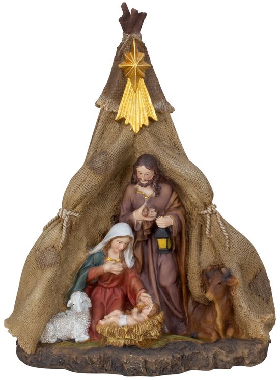 Kersthuisjebestellen - Kerstkribbe met Jozef , Maria , Jezus en een schaap - Kerststal - Kerststalletje - Wigwam tent - H=21.6cm B=16.8cm