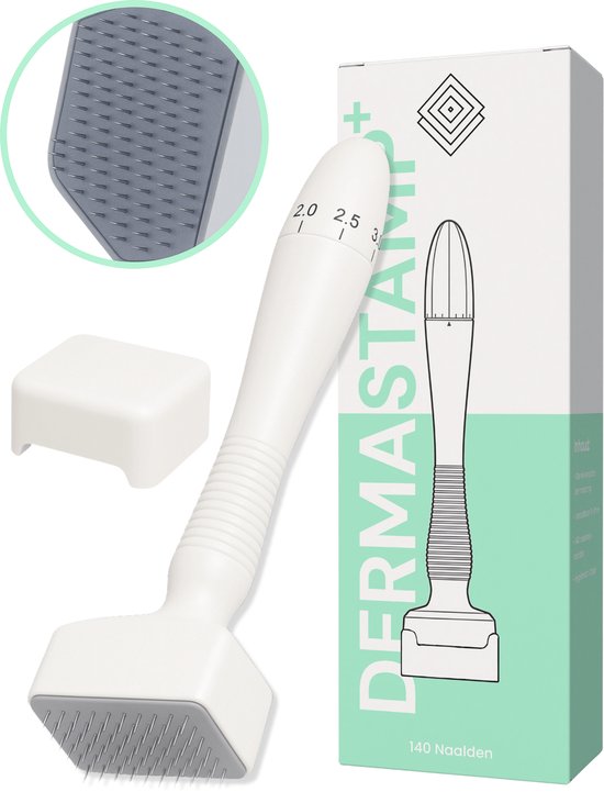Premium Dermastamp - Geschikt voor microneedling - Dermaroller & Dermapen Alternatief - Dermarolling - Baardgroei - Haargroei - Huid - Gezichtverzorging - Verstelbaar 0mm tot 3 mm - 140 RVS Naalden - Minoxidil