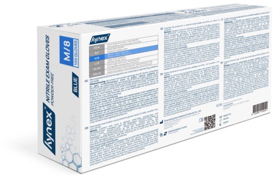 Doos met 100 blauwe Kynex nitril exam handschoenen, maat M/8, poedervrij.
