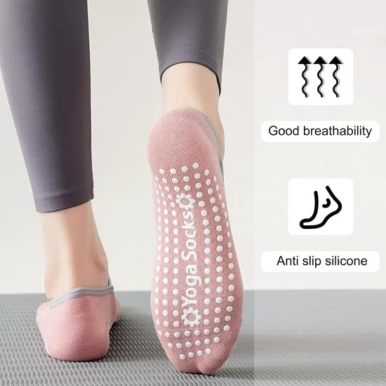 3 paar antislip yogasokken met handgrepen voor dames - katoen sokken voor balletbar, dans, fitness, pilates - paars, kaki, roze — afbeelding 5