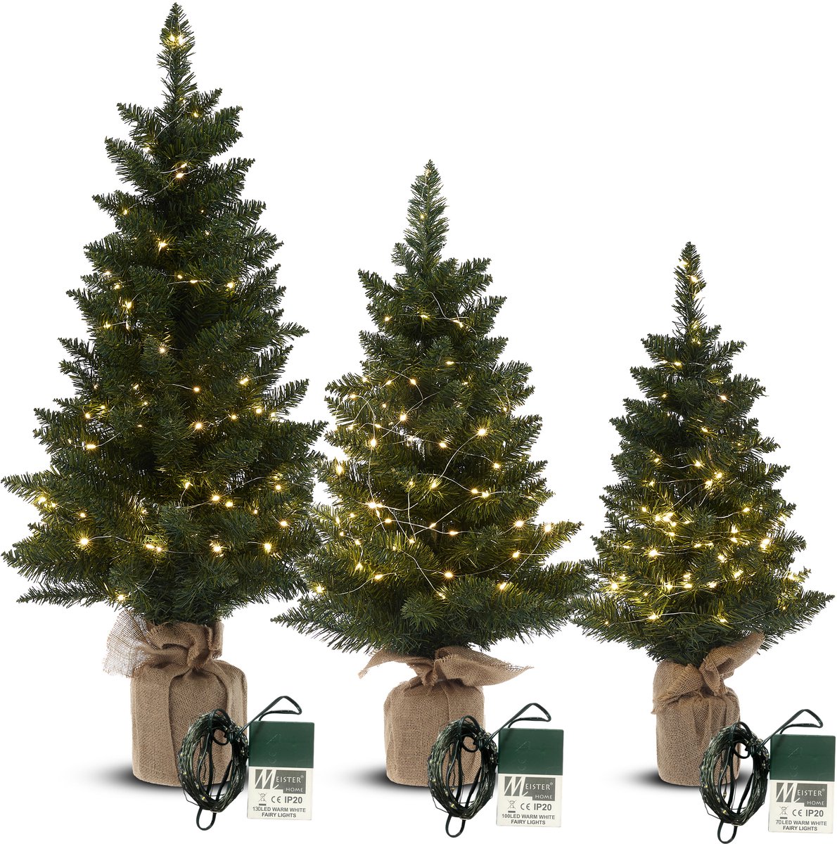 Meisterhome 3 delige Set Kunstkerstbomen met LED-verlichting - groen - Kerstboom – 3 stuks – Groen – 75/90/125 cm – Jute Voet – Brandwerend PVC