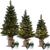 Meisterhome 3 delige Set Kunstkerstbomen met LED-verlichting - groen - Kerstboom – 3 stuks – Groen – 75/90/125 cm – Jute Voet – Vlamvertragend PVC