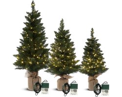 Meisterhome 3 delige Set Kunstkerstbomen met LED-verlichting - groen - Kerstboom – 3 stuks – Groen – 75/90/125 cm – Jute Voet – Brandwerend PVC
