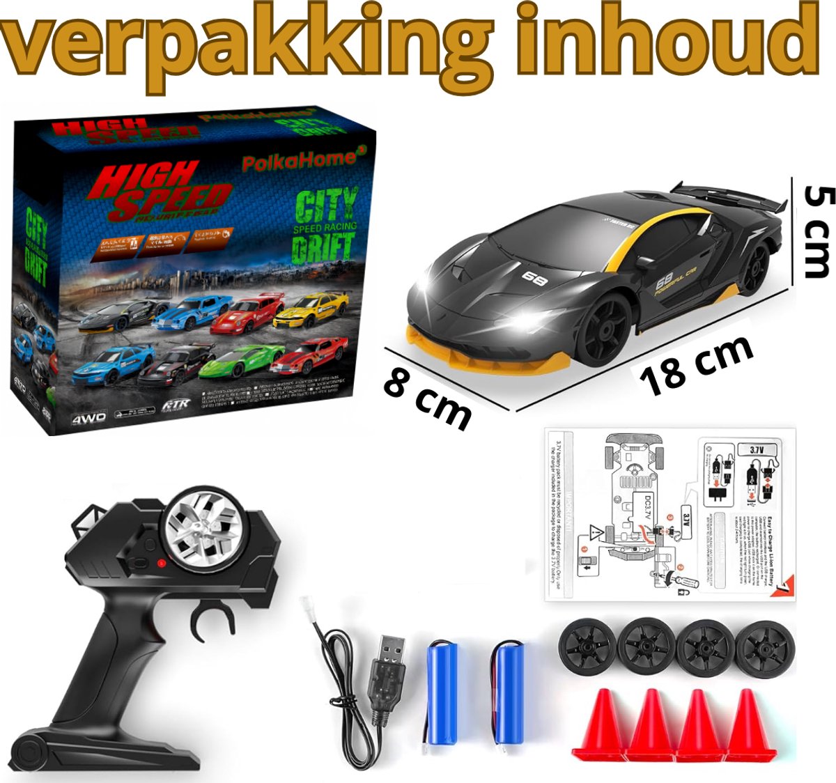 PolkaHome RC Drift Auto 1:24 – Afstandsbestuurbare RC Auto – 4WD – 2 Accu’s – 20 km/h — afbeelding 16