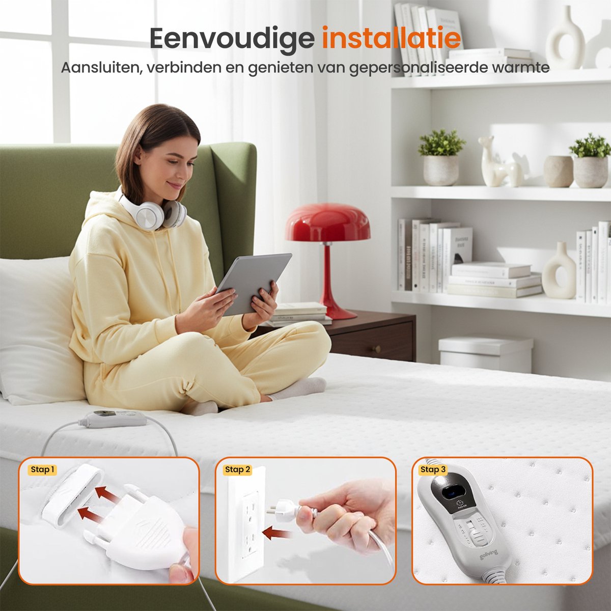 Goliving Elektrische Onderdeken – 1–Persoons – Warmtedeken – Elektrische Deken – 3 Warmtestanden – Timerfunctie – 60 Watt – Polyester – 150 x 80 cm – Wit – foto 5