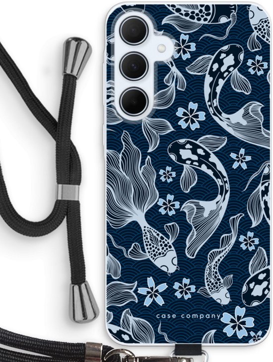 Coque de téléphone avec un motif bleu foncé de carpes koï blanches et de fleurs de cerisier.