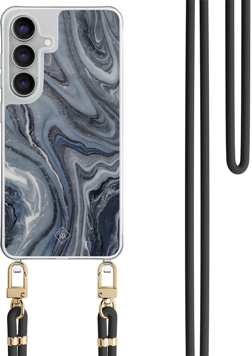 Casimoda® hoesje met zwart koord - Geschikt voor Samsung S25 FE - Midnight Marble - Afneembaar koord - TPU/polycarbonaat - Grijs
