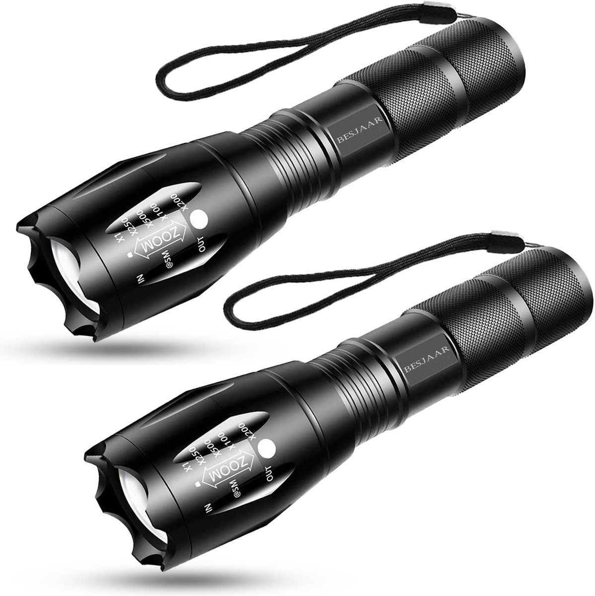 Besjaar® Zaklamp - Militaire zaklamp - Kinderen & volwassenen - zaklamp militaire - 1200 Lumen - Waterproof - Zwart - 2 stuks - Inclusief Batterijen