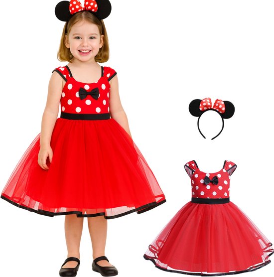 Joya Kids® Polkadot Stippen Prinsessenjurk meisje met Haarband met Oren | Muis Verkleedjurk meisjes | Mini jurk Zwart, Rood met Witte Stippen | Prinsessen Verkleedkleding | Carnaval Halloween Verkleedset Kinderen | Van 6 maanden tot 5 jaar | Maat 100