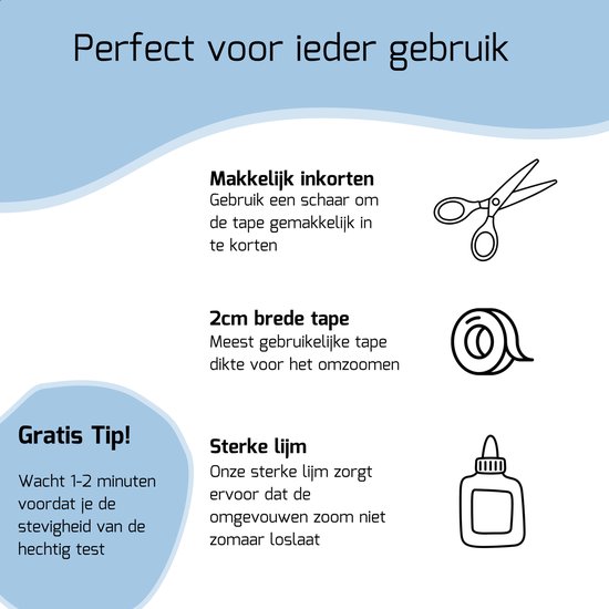 Illustraties van: schaar, rol tape en flesje lijm. Strijkband is makkelijk in te korten, 2cm breed en met sterke lijm.