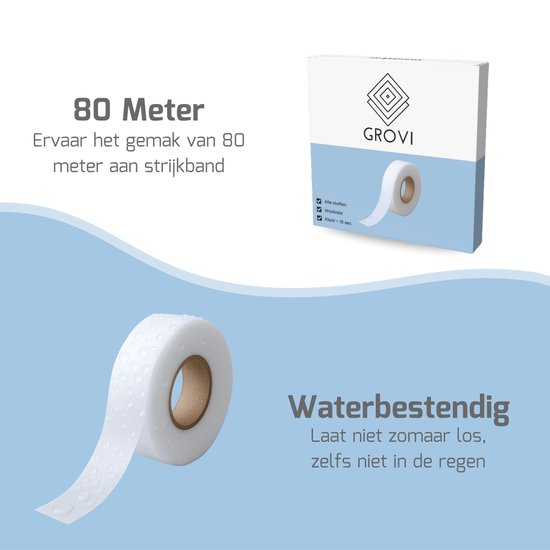 80 meter witte waterbestendige strijkband met druppels erop. Grovi logo op verpakking. Geschikt voor alle stoffen.