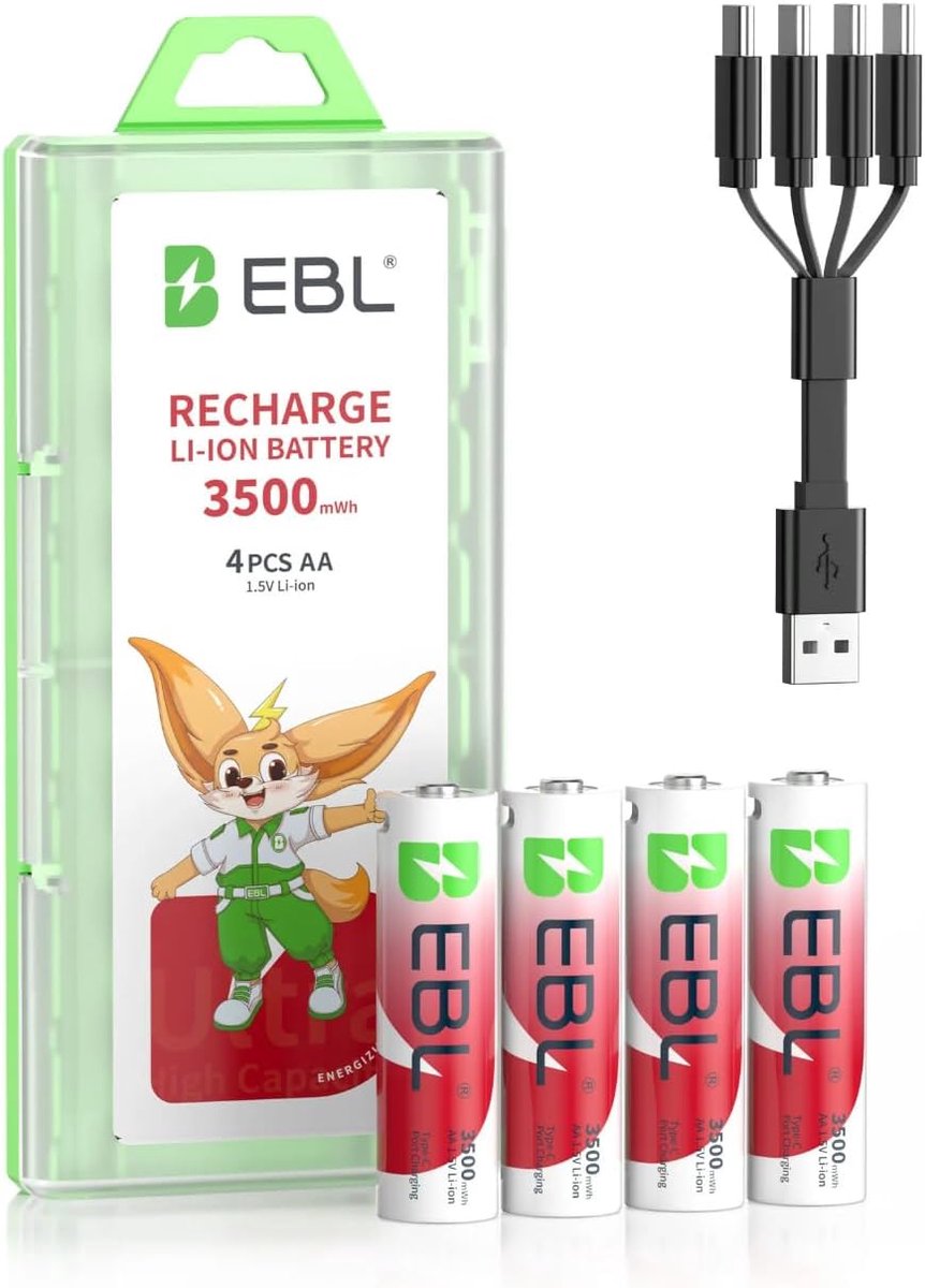 EBL 4-Pack Oplaadbare Batterijen AA - Rechargeable 3500 mWH AA Batterij met 4in1 Oplaadkabel - Lithium USB C Batterijen