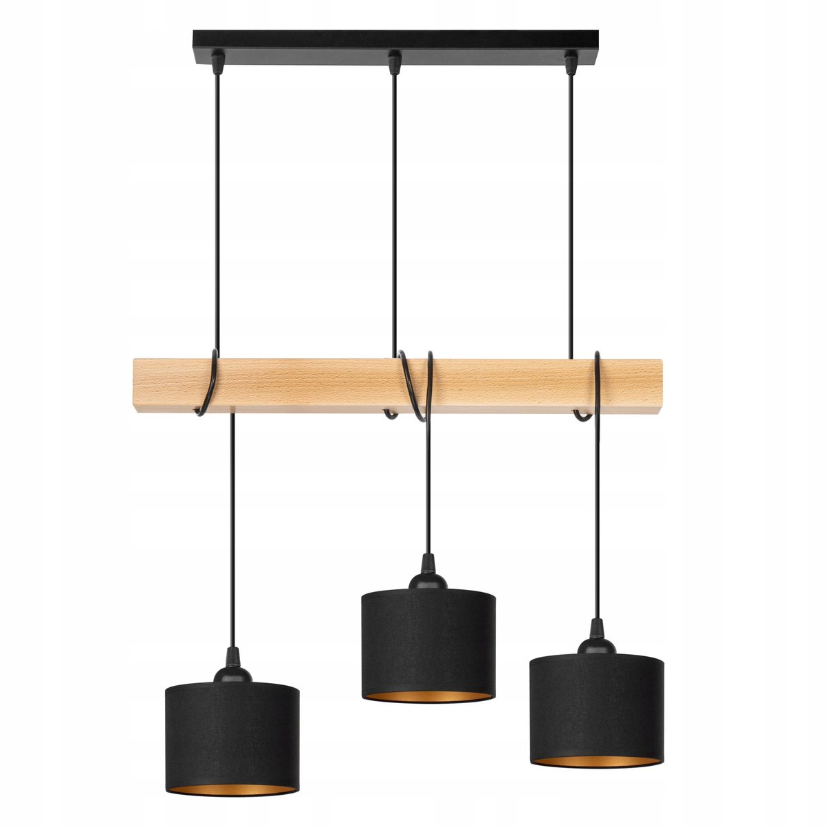 Houten hanglamp met 3 zwart-gouden stoffen lampenkap