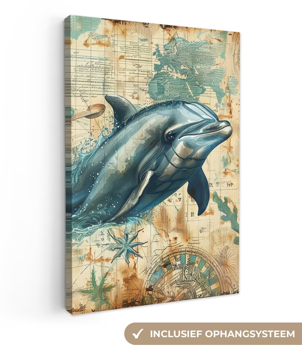 Canvas schilderij 40x60 cm - Wanddecoratie badkamer Vintage - Dolfijn - Dieren - Watercolo
