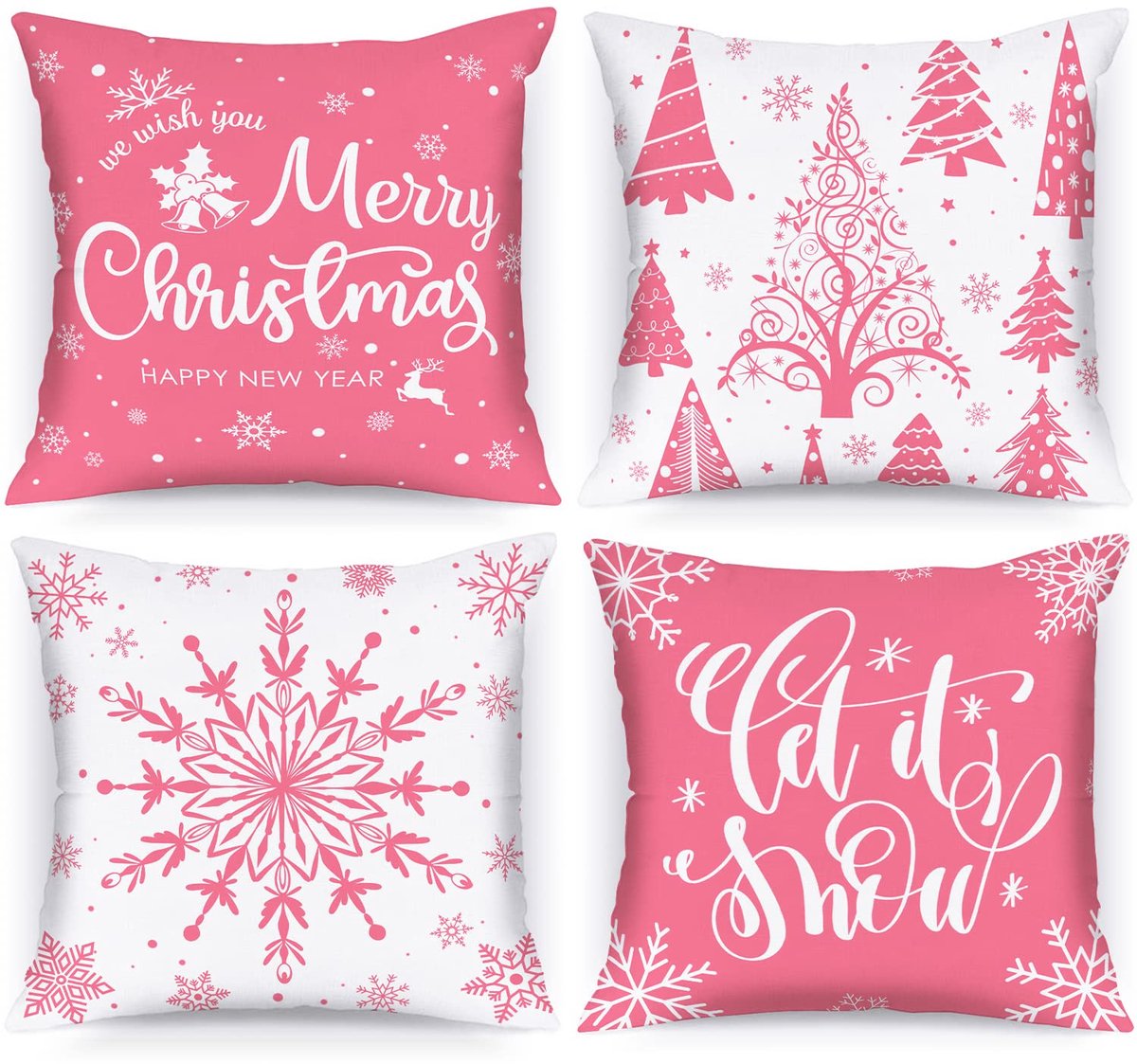 Unyqoos Set van 4 decoratieve kussenslopen met sneeuwvlokken voor de feestdagen roze