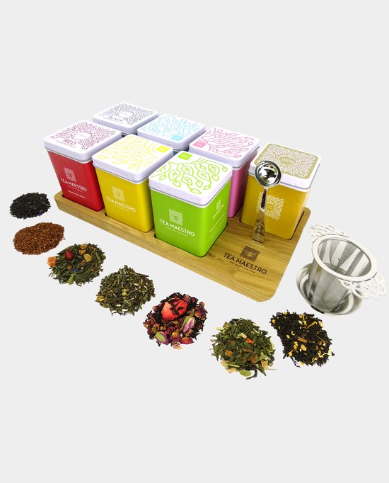 Dutch Tea Maestro - Theeplank met losse thee blikjes - Luxe Thee cadeau - (theegeschenk - theecadeau - thee cadeaupakket - verjaardagscadeau - Valentijn)
