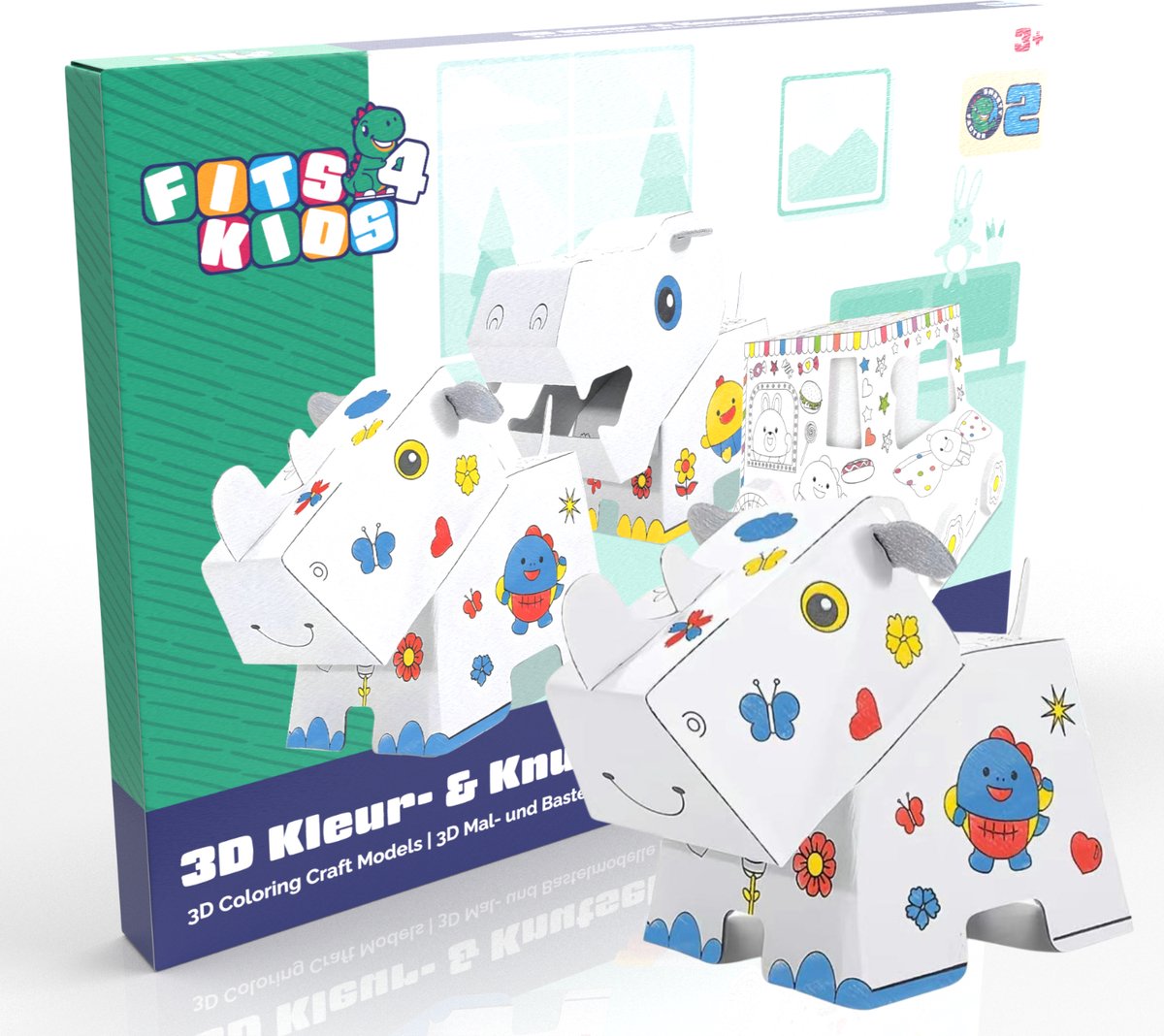 Fits4Kids® DIY Knutselset Kinderen – Kartonnen Neushoorn om te Kleuren & Verven – Creatief Speelgoed van Karton – 3D Bouwset Tekenen en Knutselen