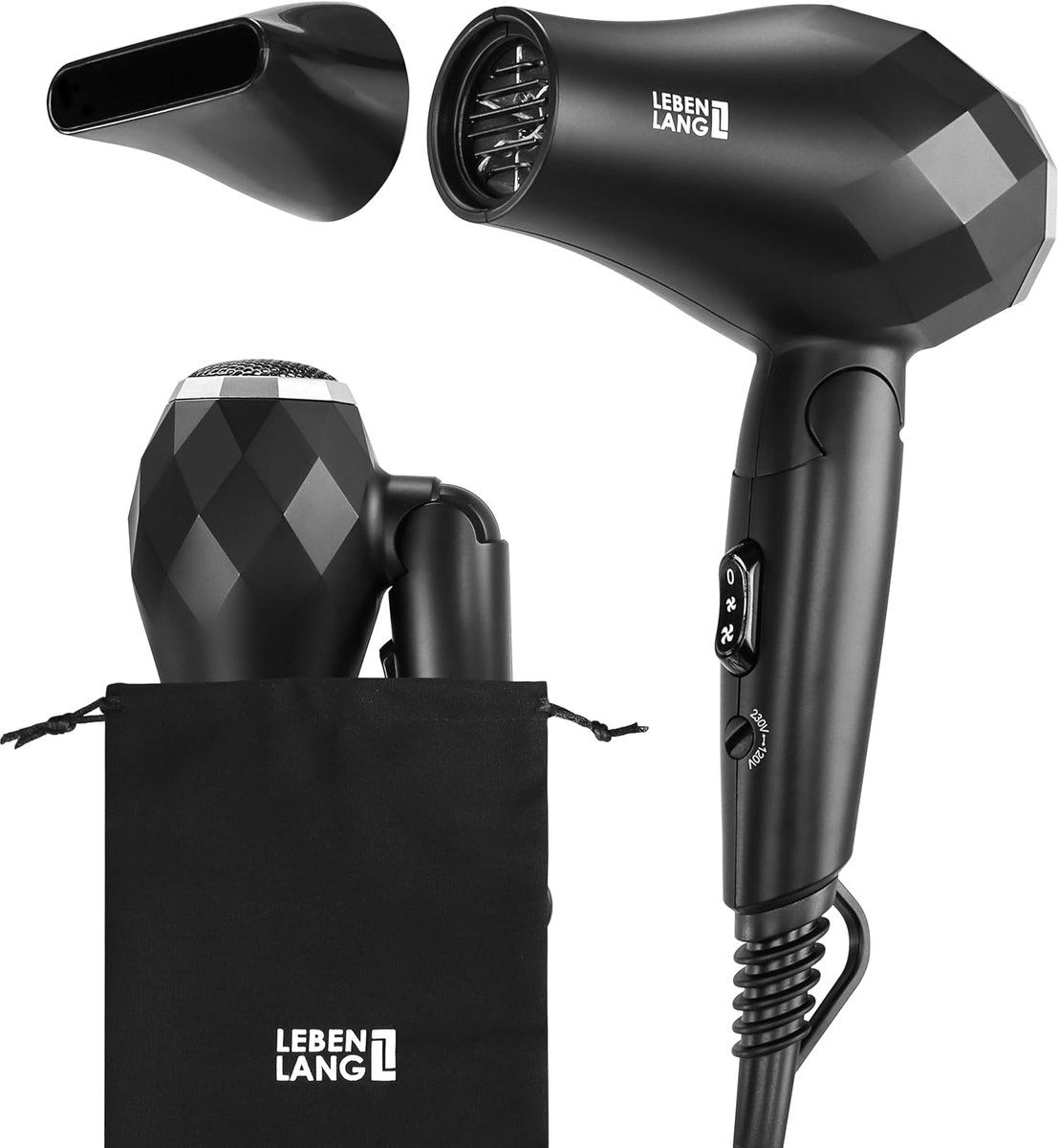 LEBENLANG - Reisfohn - Reisfohn Inklapbaar - Reishaardroger - Mini haardroger - Opvouwbaar Klein – Dubbele Spanning & Inclusief Reistas met Stylingmondstuk - Stille en Krachtige Haardroger - Mini Föhn voor Dames en Heren - LEBENLANG - €26,00