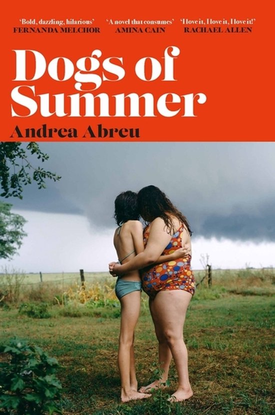 Boekomslag 'Dogs of Summer' door Andrea Abreu. Twee meisjes omhelzen elkaar in badkleding op een grasveld.