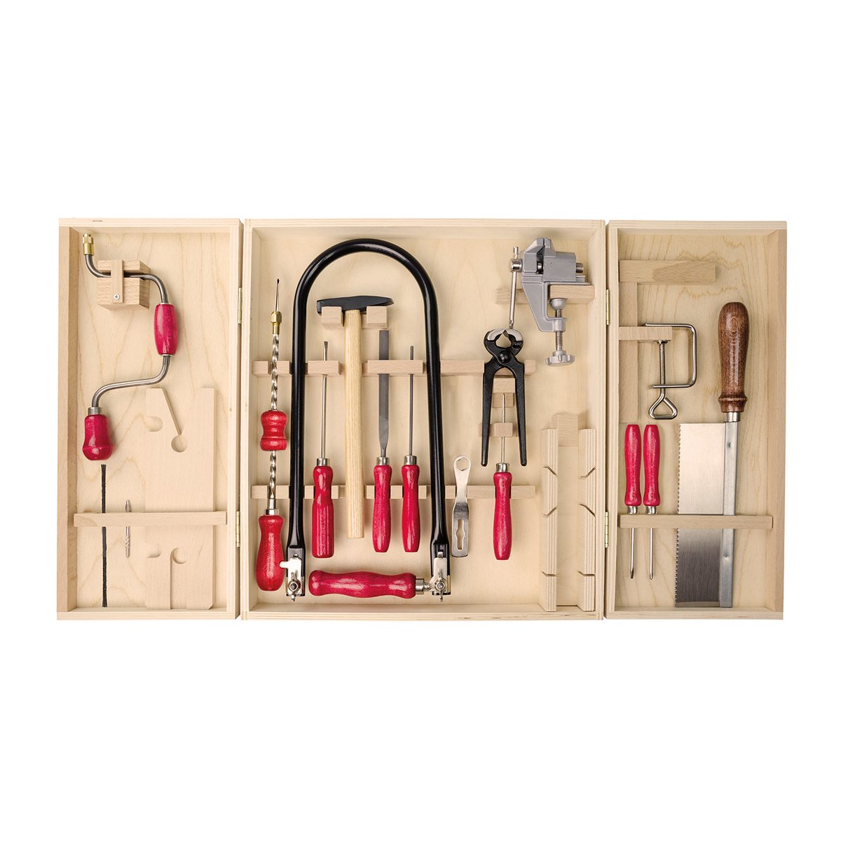 matches21 Grote kinder eco-gereedschapskast inclusief figuurzaagbeugel, boormachine, stalen kindergereedschap + veel accessoires