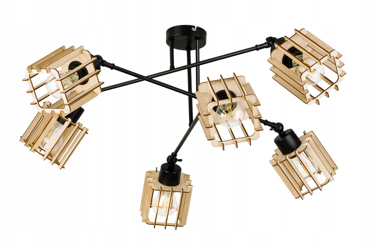 Loft Hanglamp Hout 6xE27 Zwart Verstelbaar