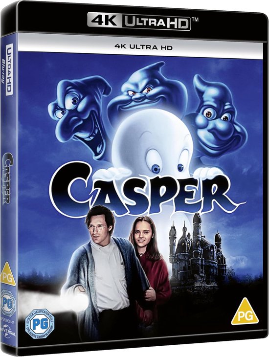 Casper 4K Ultra HD Blu-ray hoes met Casper, twee kinderen, drie spoken en een kasteel.