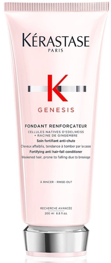 Tube de conditionneur rose Kérastase Genesis avec bouchon argenté.