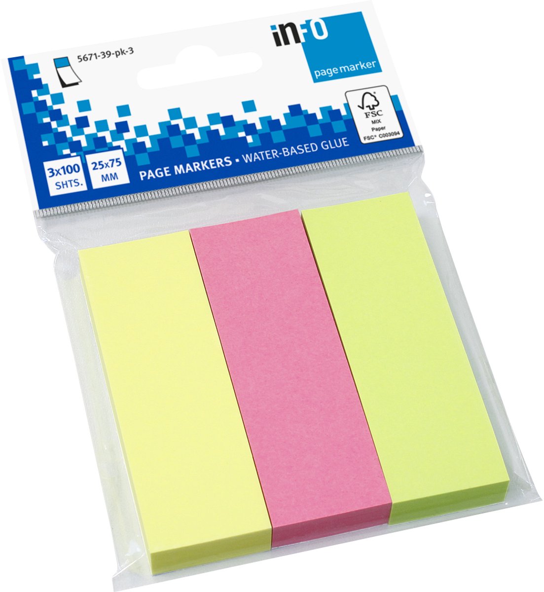 Info page markers - Brilliant - 3 x 100 vel - 22x75mm - geel, roze, groen - IN-5671-39PK3