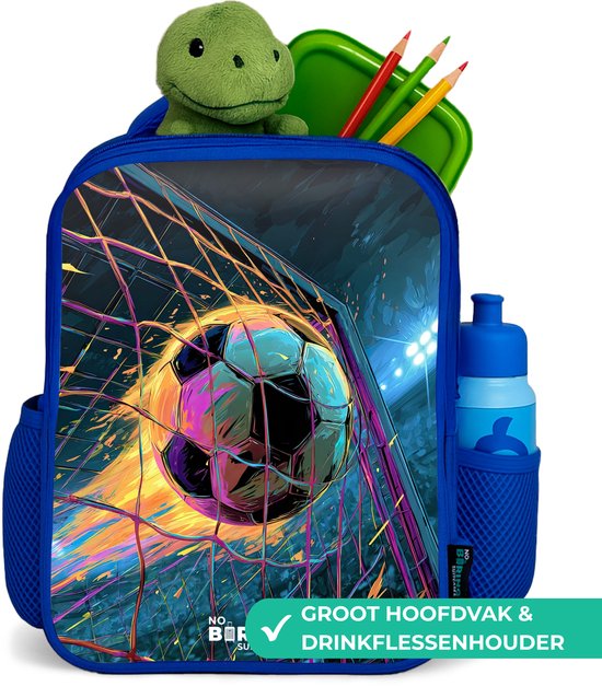 Blauwe rugzak met neonkleurige voetbal in een net. Met grote vakken en drinkfleshouder.