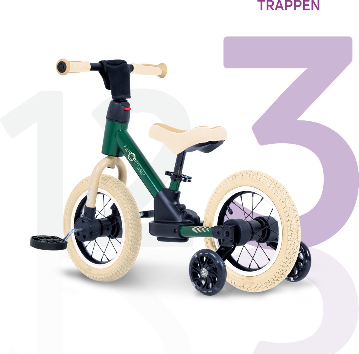 Kidcruiser Loopfiets 2+ jaar - Optioneel met LED Zijwieltjes & Trappers - 3-in-1 Kinderfiets - 12 inch – Donker Groen & Creme wit – Modulair Design - Driewieler loopfiets — afbeelding 7