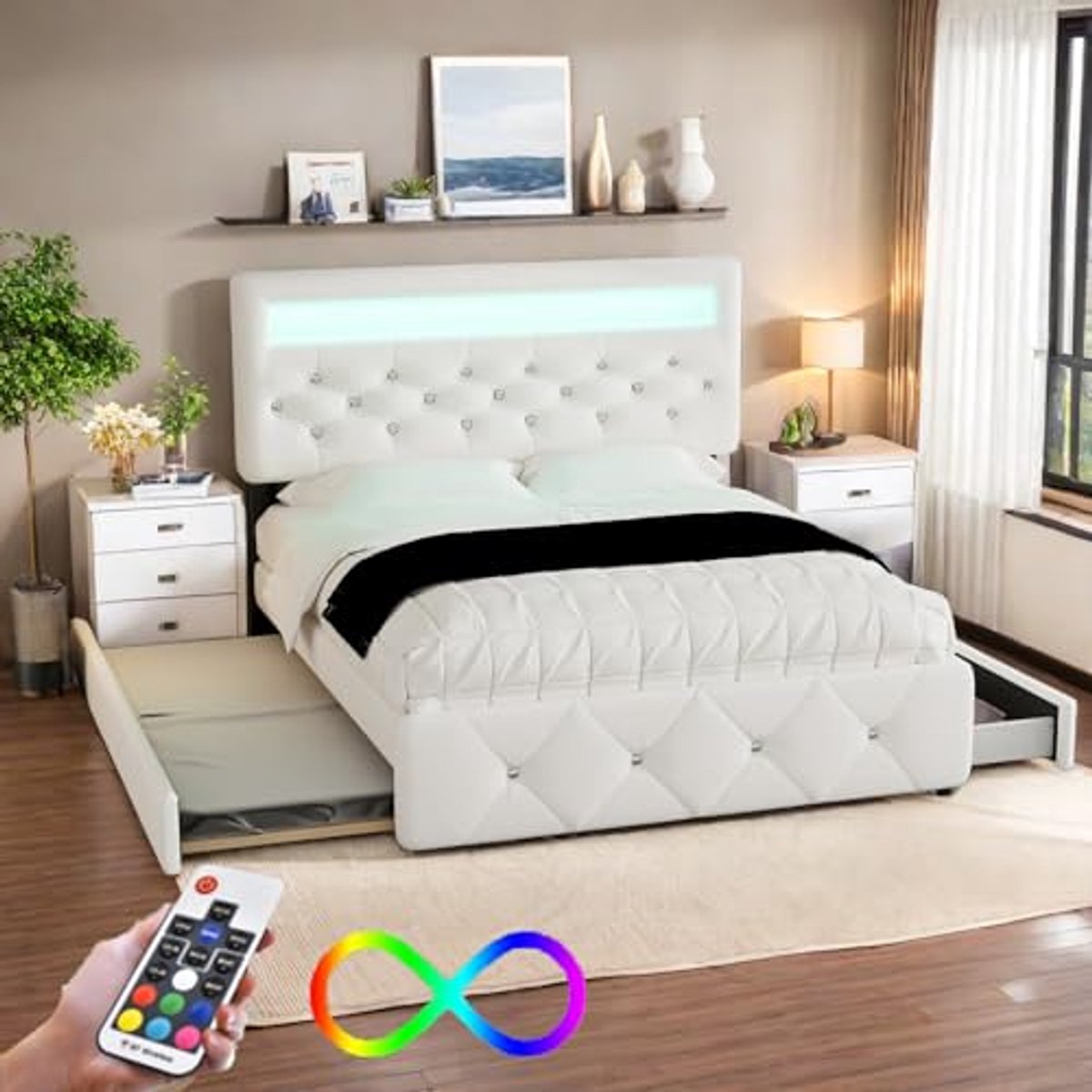Moderne gestoffeerde tweepersoonsbed 140x200 met uittrekbaar bed en opberglade