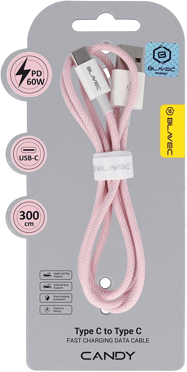 Blavec Candy USB-C Kabel - 60W PD, 3A, 3m, Nylon Oplot, Roze