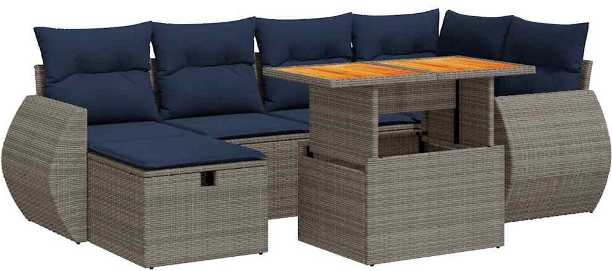 vidaXL 7-delige - Loungeset - met - kussens - poly - rattan - acacia - bruin Grijs