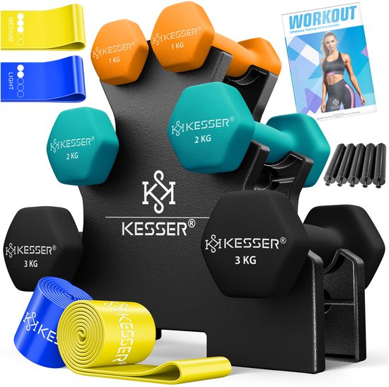 Halterrek met oranje 1kg, turquoise 2kg en zwarte 3kg halters. Inclusief fitnessbanden, springtouw en workout boekje.