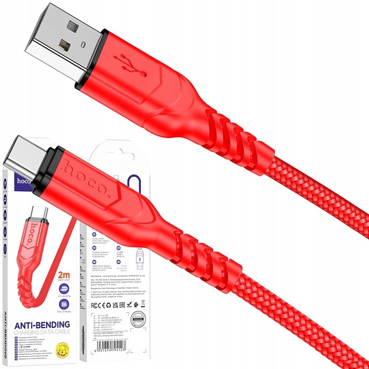 Hoco X59 Victory USB-C Kabel 3A 2M QC3.0 Snellede TPE Nylon Rood