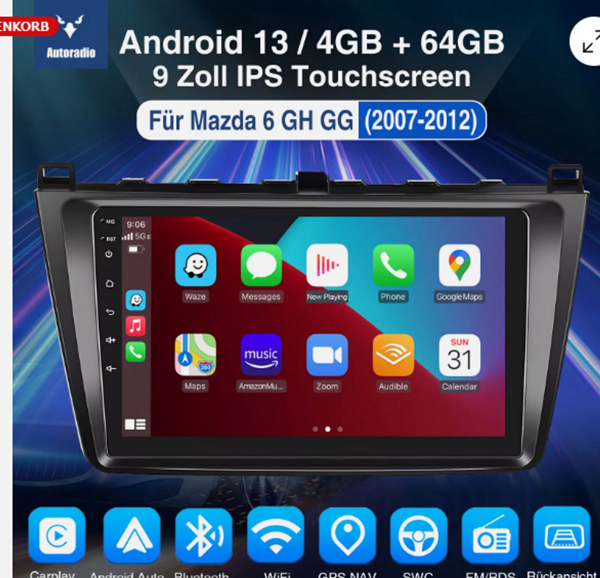 Autoradio - 9 inch Android 15, 4+64 GB - Compatibel met CarPlay en Android Auto - Ondersteunt wifi, Bluetooth, FM/RDS, MirrorLink en DAB+ - Geschikt voor Mazda 6-modellen uit 2007-2012