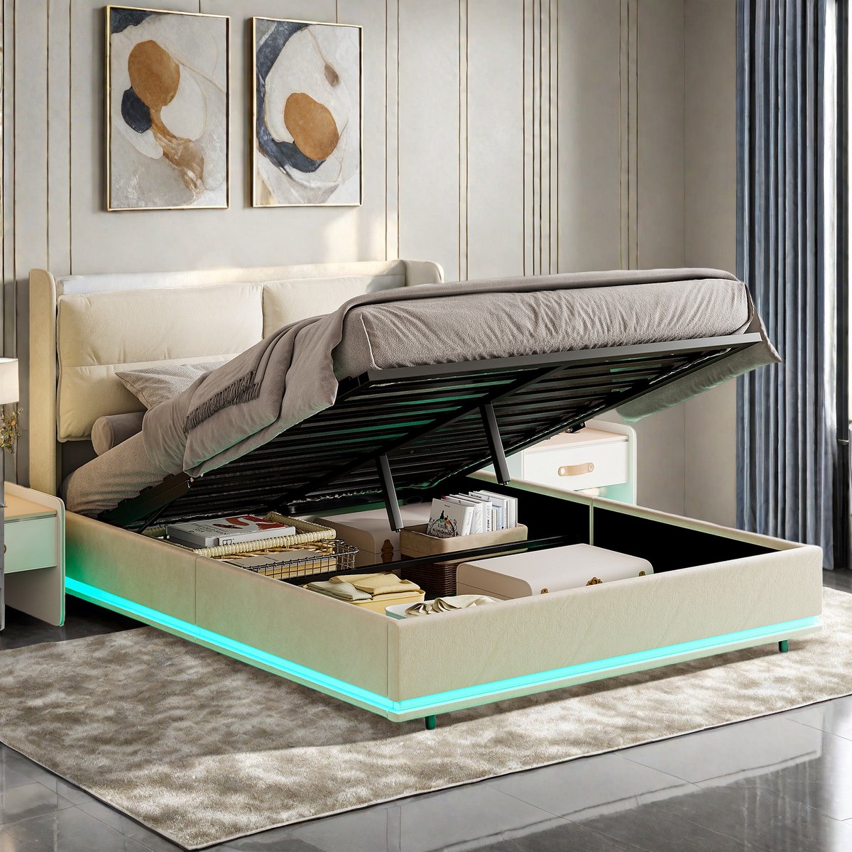 ROSAHQNDA Modern gestoffeerd bed, LED tweepersoonsbed met USB, 140x200cm, hydraulisch bed met grote opbergruimte, met fluwelen rugkussen, zonder matras (verzonden in 2 pakketten) Beige 140x200cm