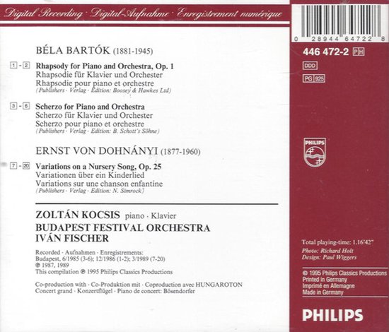 Hoestekst voor 'Béla Bartók - Rhapsody for Piano and Orchestra, Op. 1' en 'Scherzo for Piano and Orchestra'; 'Ernst von Dohnányi - Variations on a Nursery Song, Op. 25'