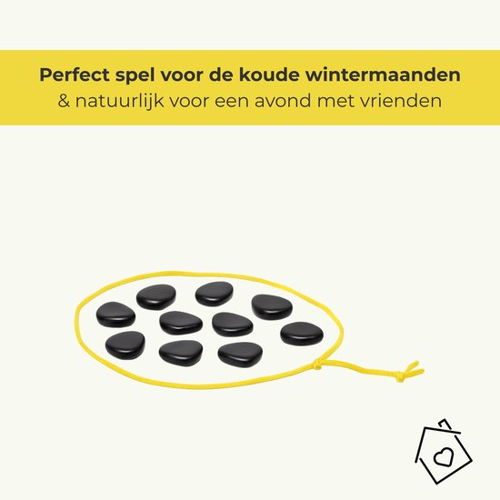 Een cirkel van geel touw met 9 zwarte magneten erin.