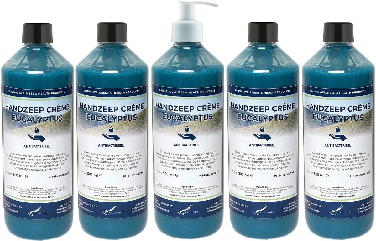 Handzeep Crème Eucalyptus 500 ml - set van 5 stuks - met gratis pomp - Voordeelverpakking