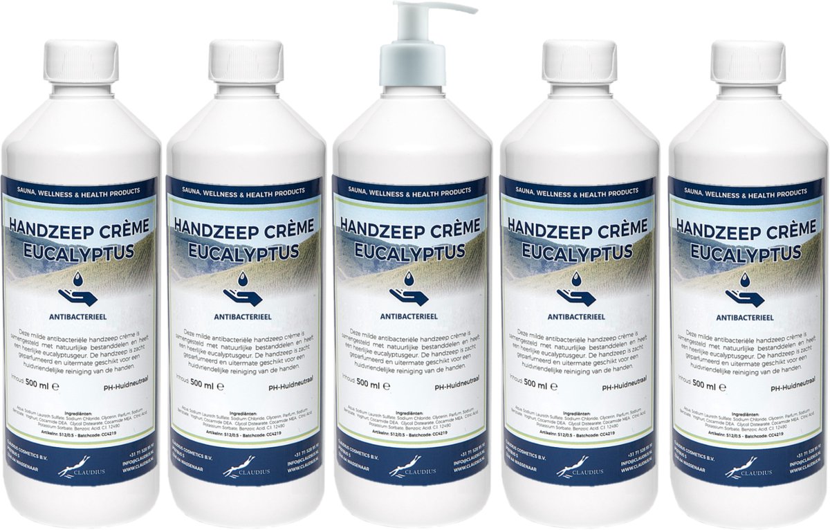 Handzeep Crème Eucalyptus 500 ml - set van 5 stuks - met gratis pomp - Voordeelverpakking