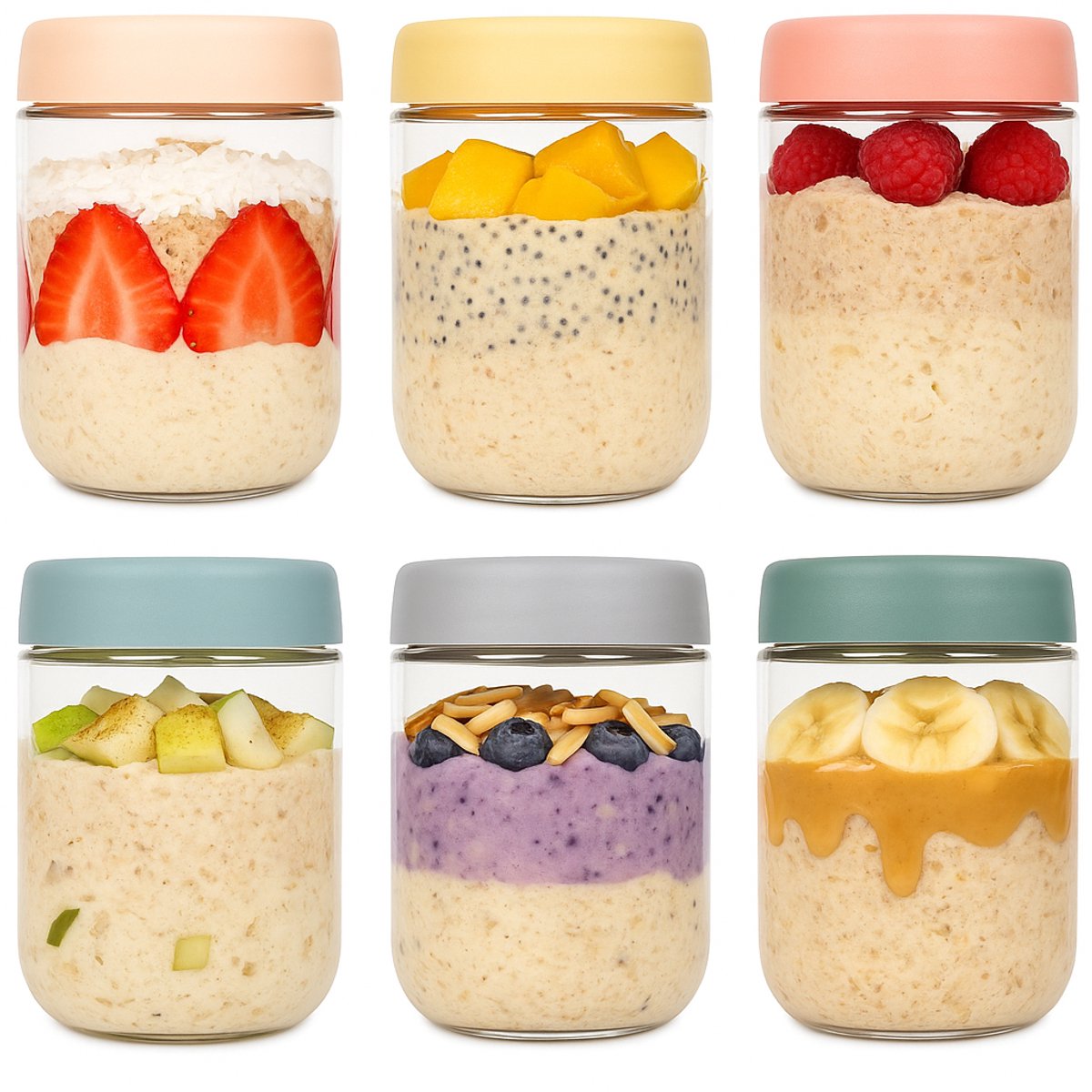 Overnight Oats Containers met Bamboe Deksels, Glazen potten met Overnight Oats Containers met Bamboe Deksels, Glazen potten met