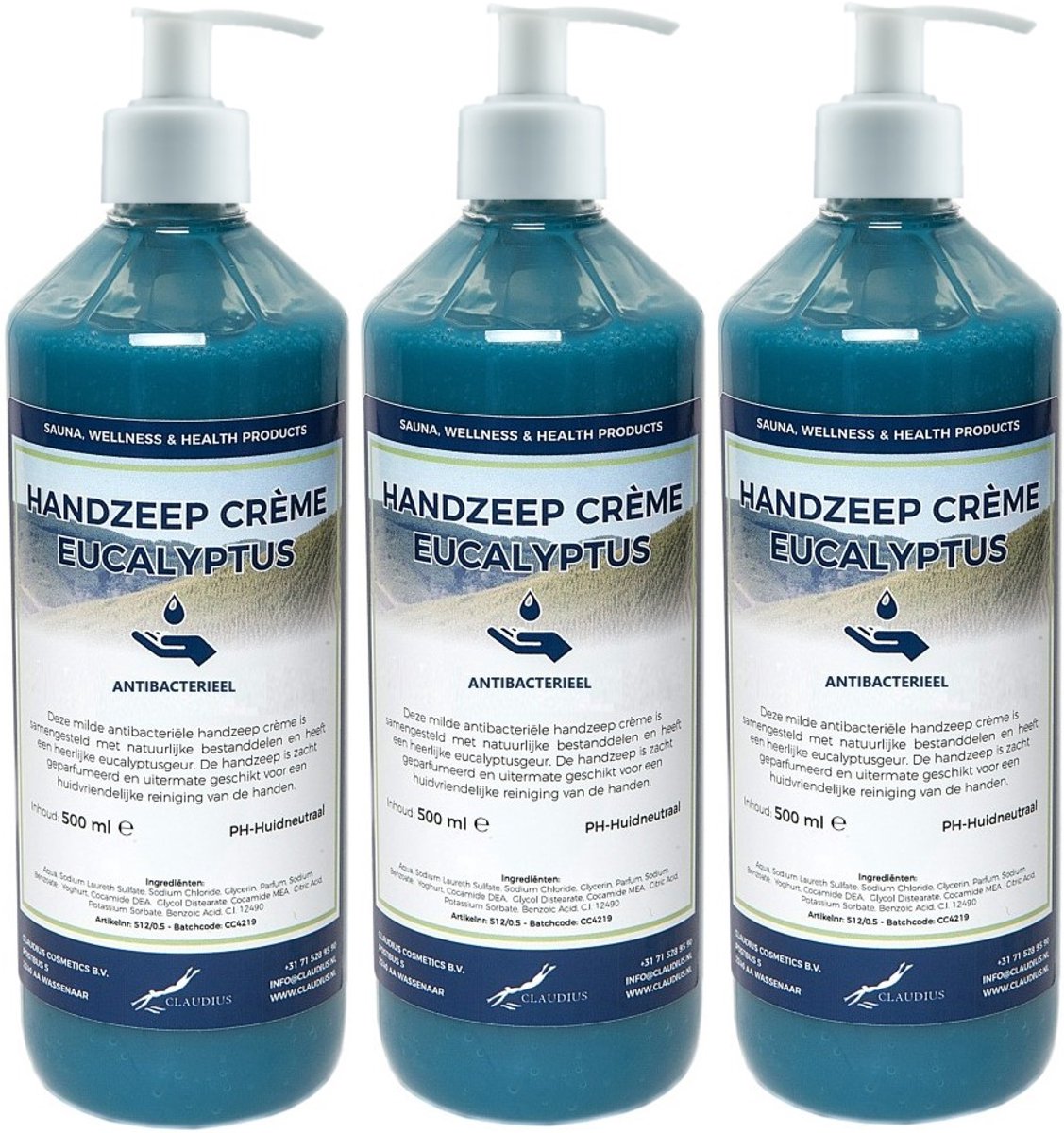 Handzeep Crème Eucalyptus 500 ml - set van 3 stuks - met gratis pomp - Voordeelverpakking