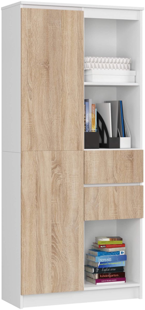 Kantoorkast R15 R80 met 2 Lades en 1 Deur / AKORD Furniture Factory / Wit – Sonoma Eik / 80 x 180 x 35 cm