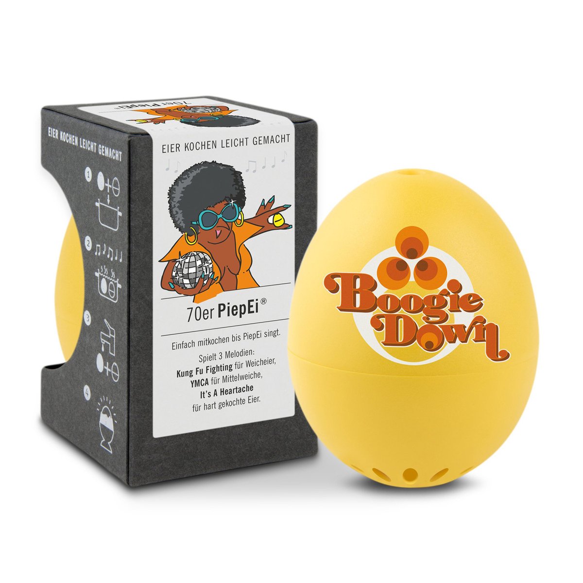 PiepEi 70s, eierwekker voor het koken, meet tijd en temperatuur, speelt melodietjes als het ei klaar is, gemaakt in Duitsland