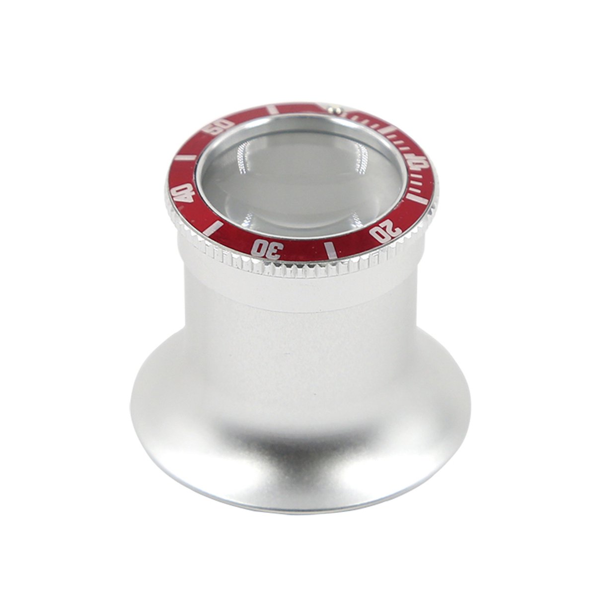 RX-stijl vergrootglas met rode rand en zijopening, 5x vergroting, glazen lens, aluminium